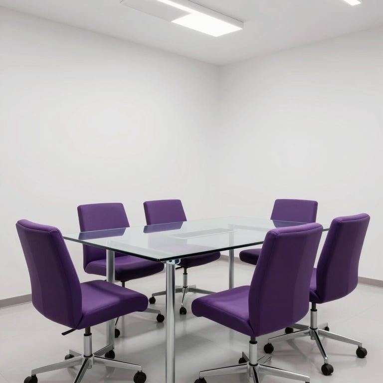 A clean, white minimalist meeting room with royal purple chairs and a large glass table, looking professional and analytical.