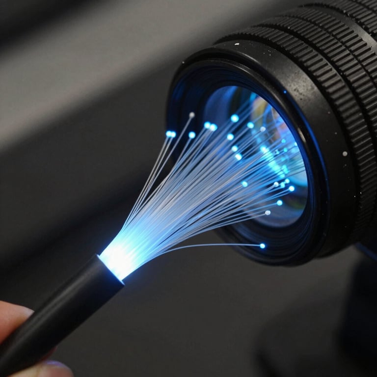 Close-up of high-speed fiber optic cables glowing with soft blue light, representing data transfer speed.