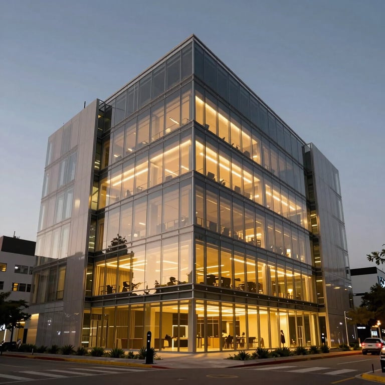 Exterior of a modern technology hub in América Latina at dusk, featuring glass architecture and warm gold lighting.