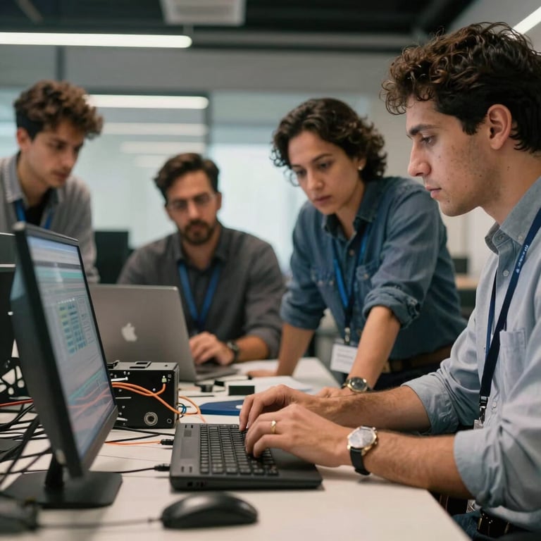 Team of tech experts in a modern office in América Latina collaborating on network infrastructure planning.