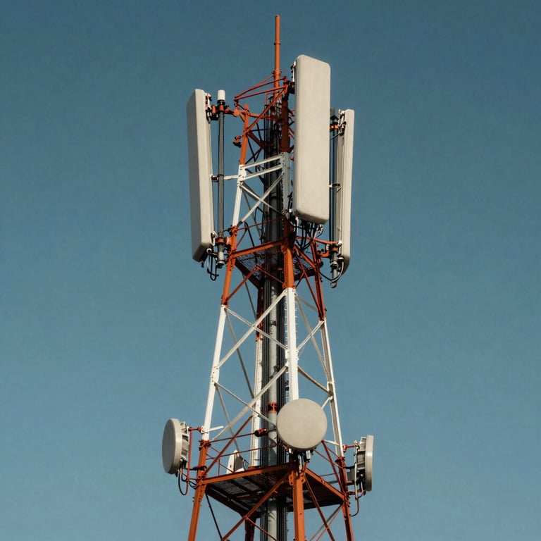 Modern telecommunications tower under a clear sky in América Latina, professional photography, sky blue tones.