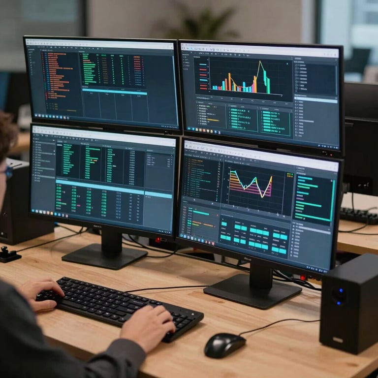 A professional workspace with multiple monitors displaying network monitoring dashboards and technical data.