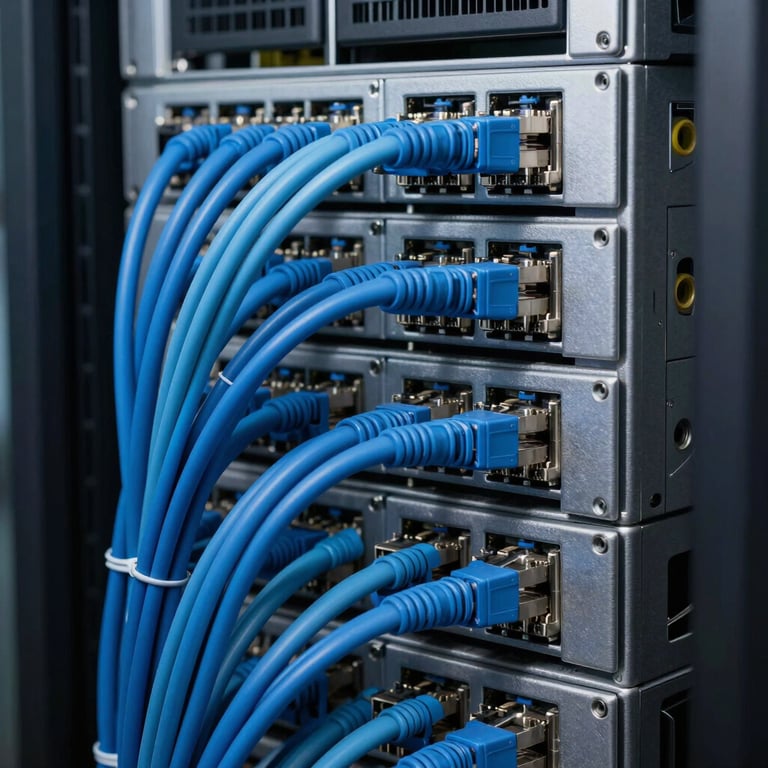 Detailed photography of a server rack with organized slate blue and light blue ethernet cables.