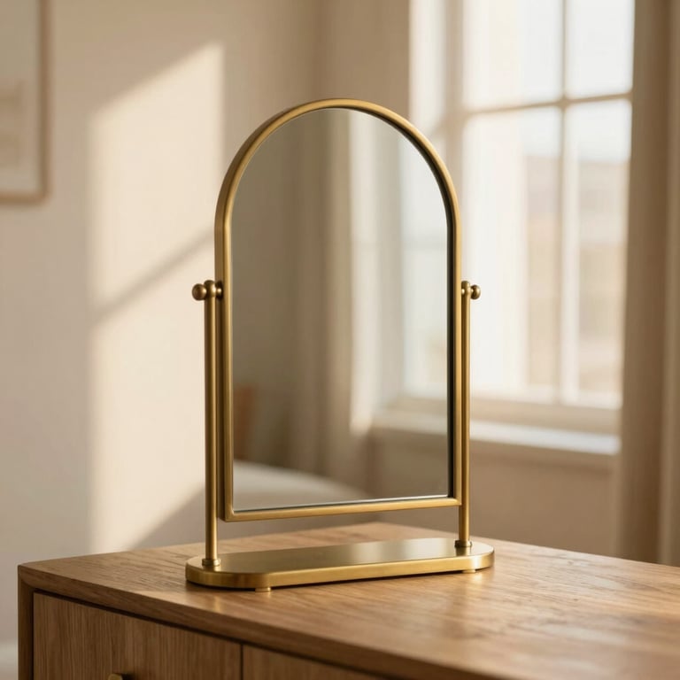 Close-up of a brass arched vanity mirror on a wooden console table, warm lighting.