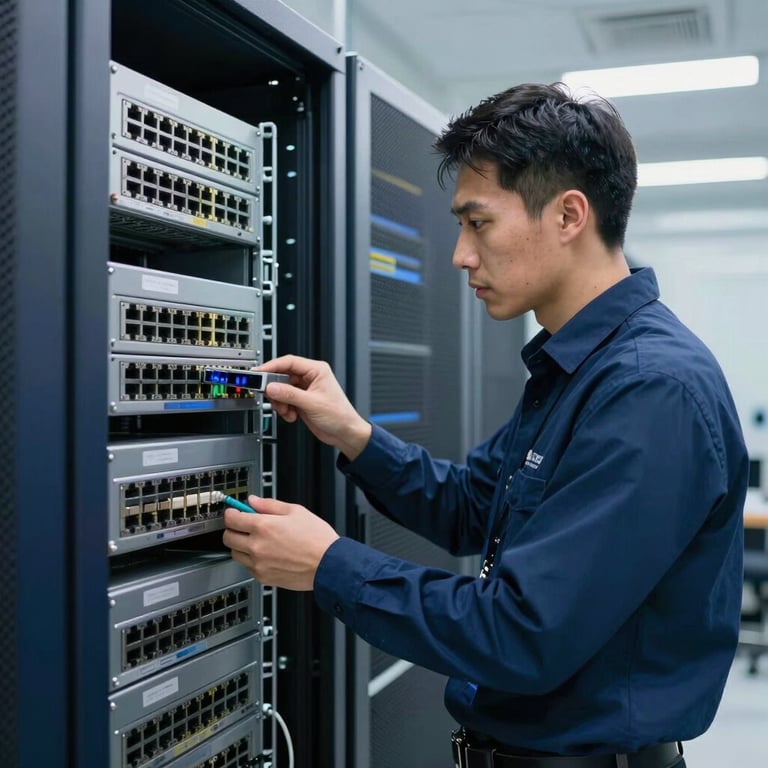A professional engineer inspecting a network switch in a clean, well-lit International English corporate data center with navy blue accents.