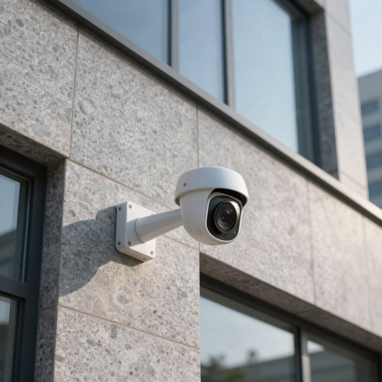 A high-definition outdoor IP camera mounted on a modern grey stone building in an International English business park under clear morning light.
