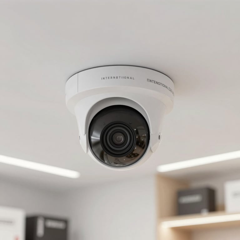A sleek indoor dome security camera installed on a white ceiling in a modern, brightly lit International English retail environment.