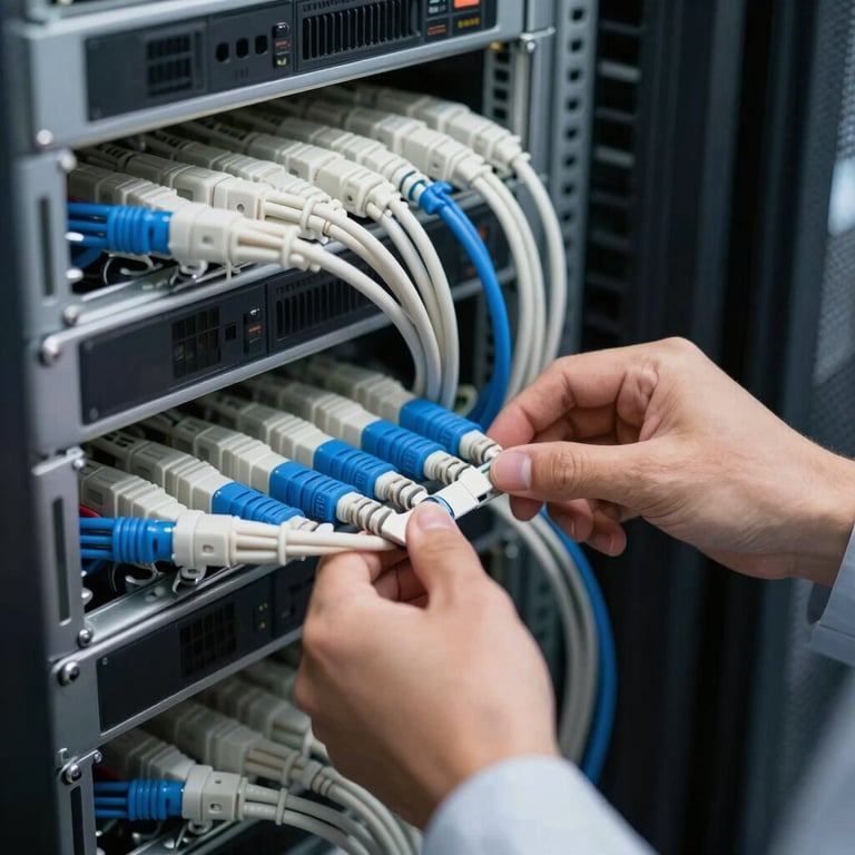 A close-up of technicians neatly arranging structured cabling in a server rack, highlighting off-white and steel blue components.
