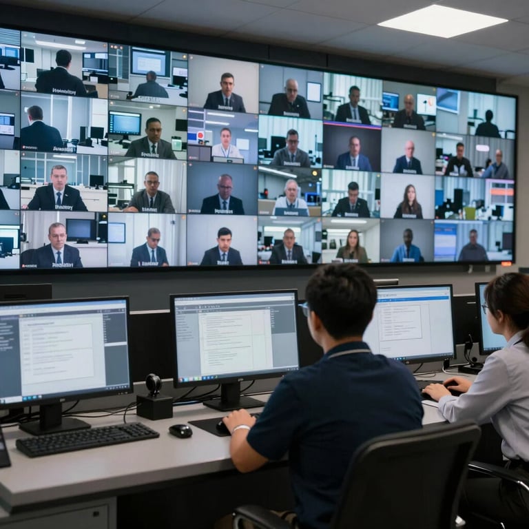 A security monitoring station with multiple screens showing live feeds, operated by a professional in an International English corporate control center.