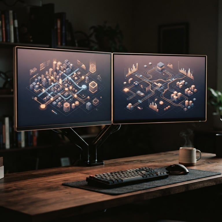 Minimalist isometric dashboard preview on a dual monitor setup, glowing warm-amber and soft blue data pathways, clean modern UI design, warm editorial photography, 35mm