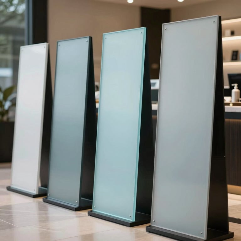 A set of high-quality acrylic floor standing signs for a luxury commercial space, featuring soft light blue highlights.