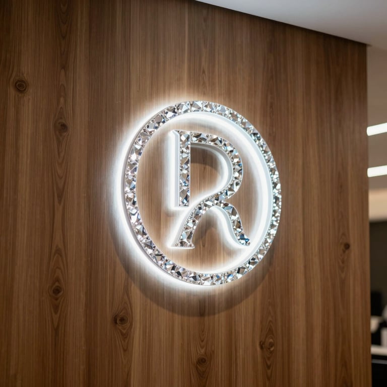 Interior of a modern Brazilian hair salon with a backlighted crystal white logo on a sleek wooden panel.