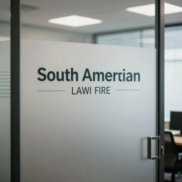 Detail of a frosted glass partition with professional vinyl graphics in a South American law firm office.