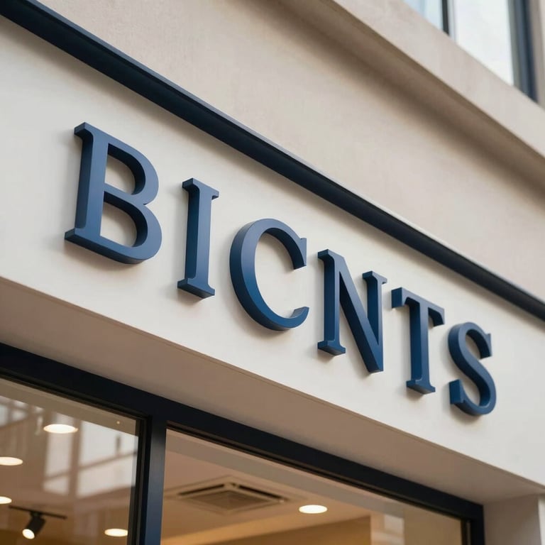 A stylish boutique storefront in a South American mall featuring sophisticated steel blue dimensional lettering.