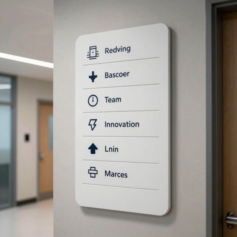 Modern wayfinding system in a clean, minimalist clinic hallway, emphasizing clear communication and innovation.