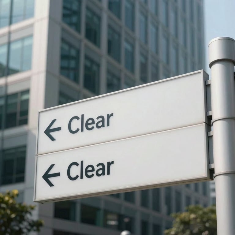 Clear and modern directional signage in a high-traffic professional office building with pale crystal white accents.
