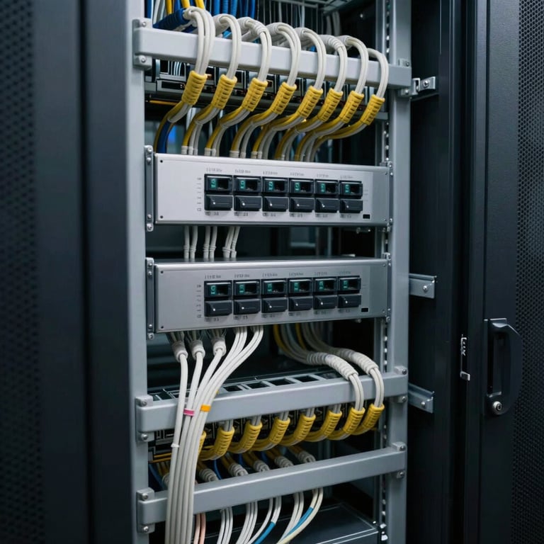 Professional installation of structured cabling and IP phone systems in a server room.