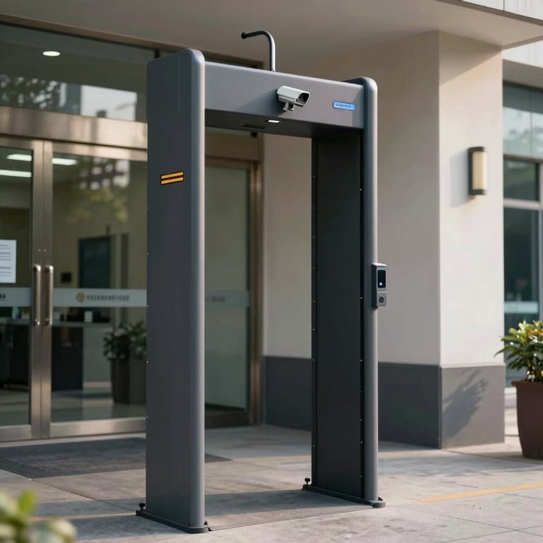 A modern security scanner at a corporate entrance being used for secure access control.