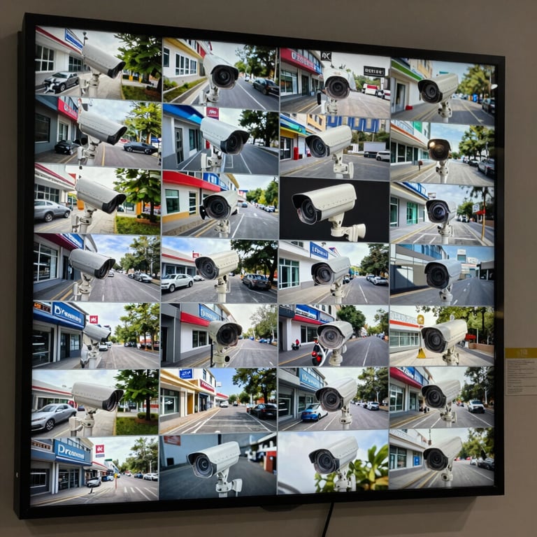 A wall-mounted display showing a grid of 4K security camera feeds from various business angles.