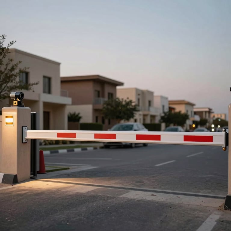 Automatic security barriers at a private residential complex entrance in Saudi Arabia, dusk lighting.