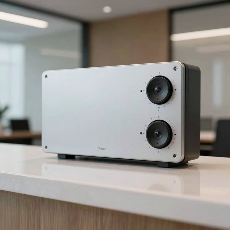 An interior intercom system installed at the reception of a modern corporate office, sleek minimalist design.