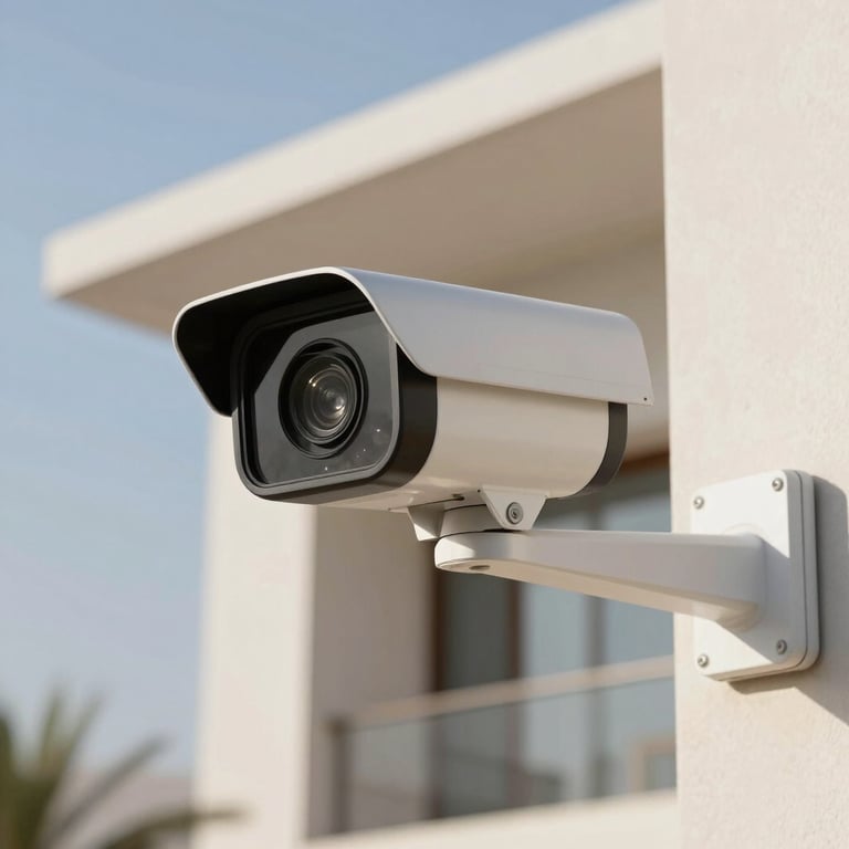 A sophisticated outdoor IP security camera mounted on a modern villa in Riyadh, clear sky background.