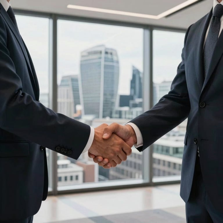 Photography of a professional handshake between two business partners in a sleek, modern London office suite with views of the urban skyline, bright daylight.