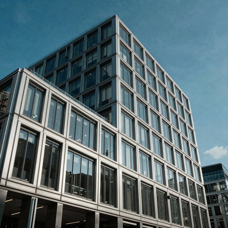 Photography of an architectural close-up of a modern steel and glass corporate building in London under a clear blue sky.