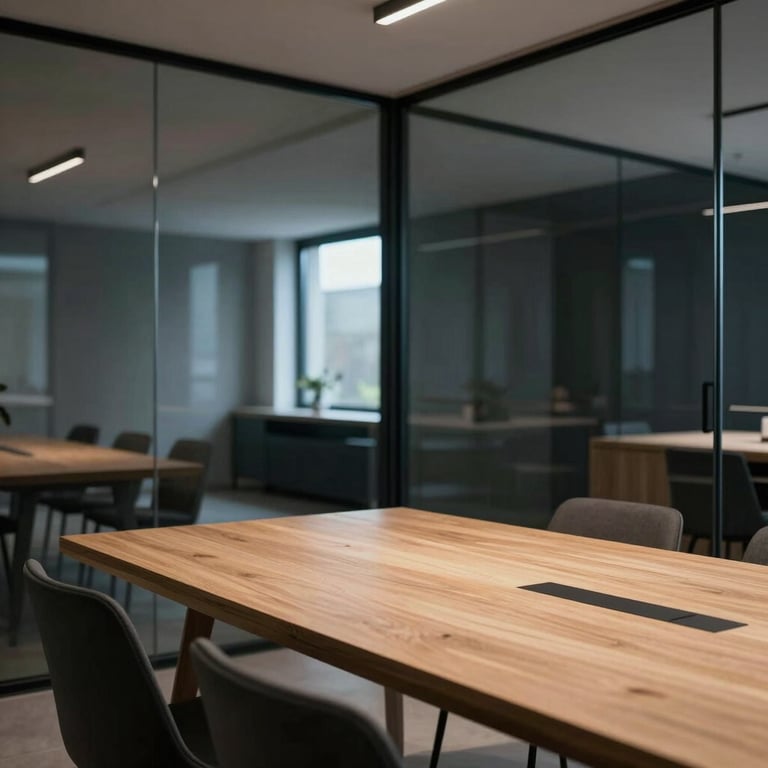 Photography of a contemporary meeting room in Northern Europe featuring a minimalist wooden table and glass walls, reflecting a sense of partnership.