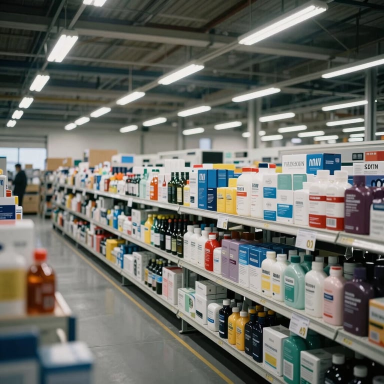 Photography of a high-tech logistics center with clean, organized rows of premium consumer goods, soft overhead lighting, British setting.