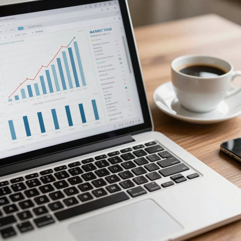 Photography of a detail-oriented workspace with a laptop showing market growth charts and a cup of coffee, clean and professional aesthetic.