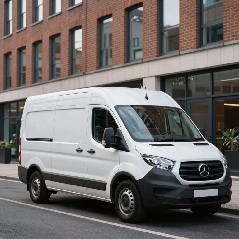 Photography of a modern delivery van with subtle branding parked outside a contemporary brick building in a clean British business district.
