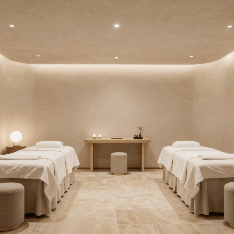 A minimalist web design interface displayed on a tablet, resting on a light beige linen cloth in a bright studio.