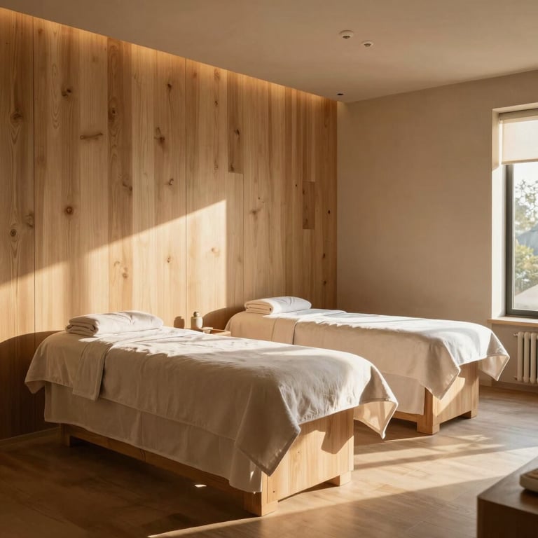 A tranquil wellness spa interior with natural wood and light beige textures, softly lit by warm afternoon sun.