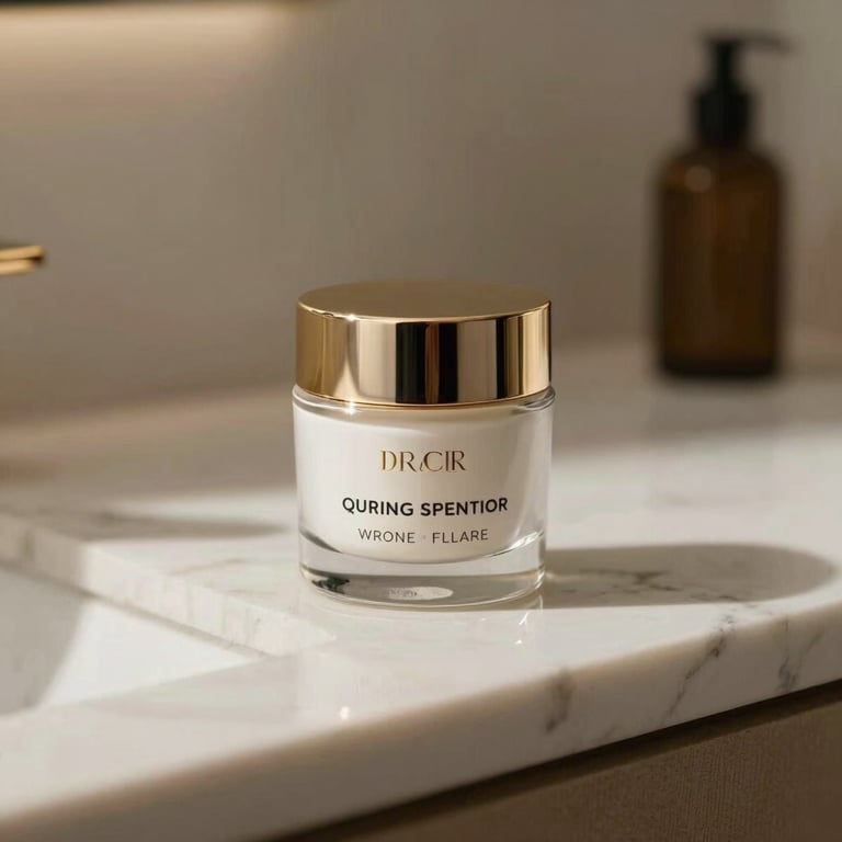 Detail of a luxury skincare product on a soft off-white marble counter, representing the high-end clients served.