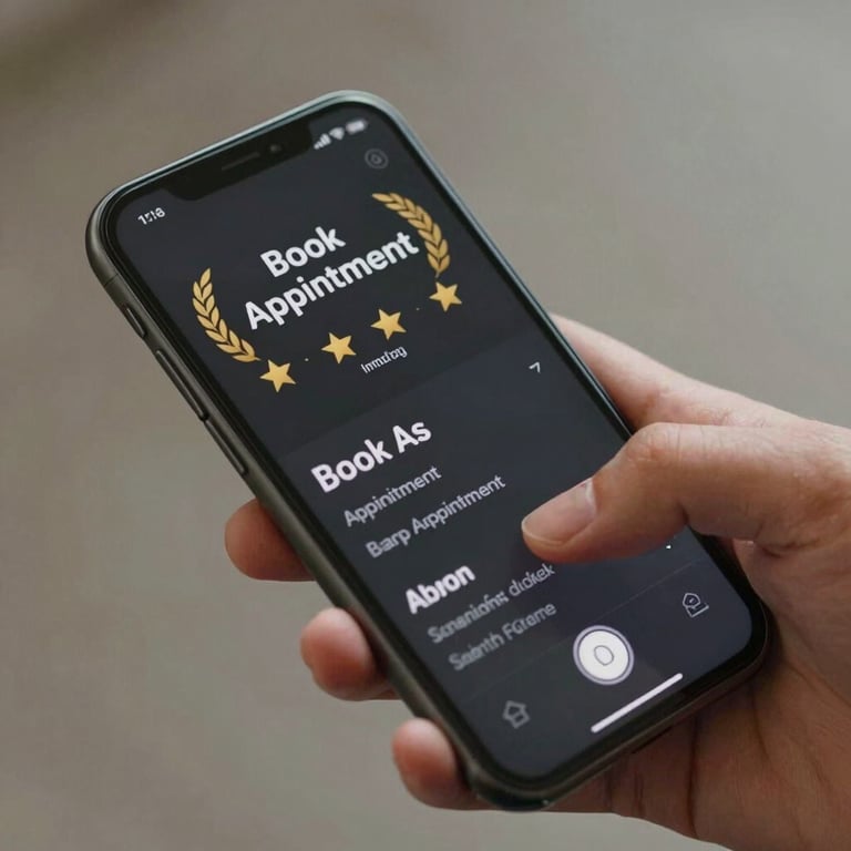 A close-up of a person using a dark charcoal smartphone to book an appointment through a sleek mobile interface.