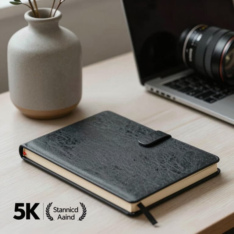 A desktop setup with a muted warm grey ceramic vase, a dark charcoal notebook, and a professional aesthetic.