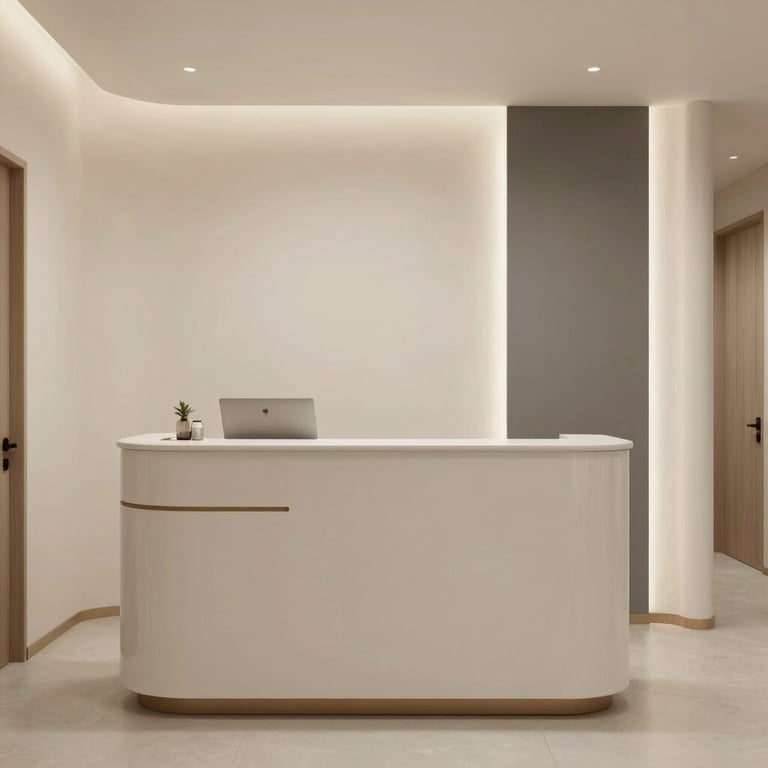 The clean reception area of a high-end aesthetic clinic with soft off-white walls and muted warm grey accents.