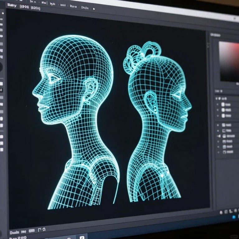 Macro shot of a split-screen interface showing a vector wireframe morphing into a rendered UI, high-contrast dark-room glow with sharp synthetic neon highlights.