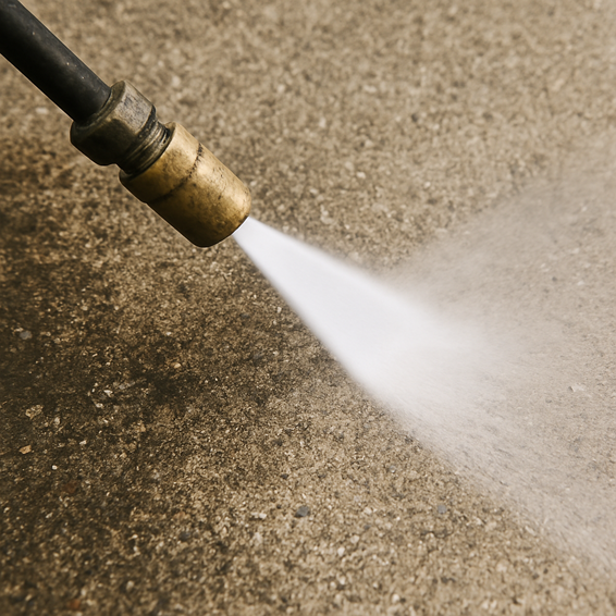 in the middle of pressure washing a parking lot