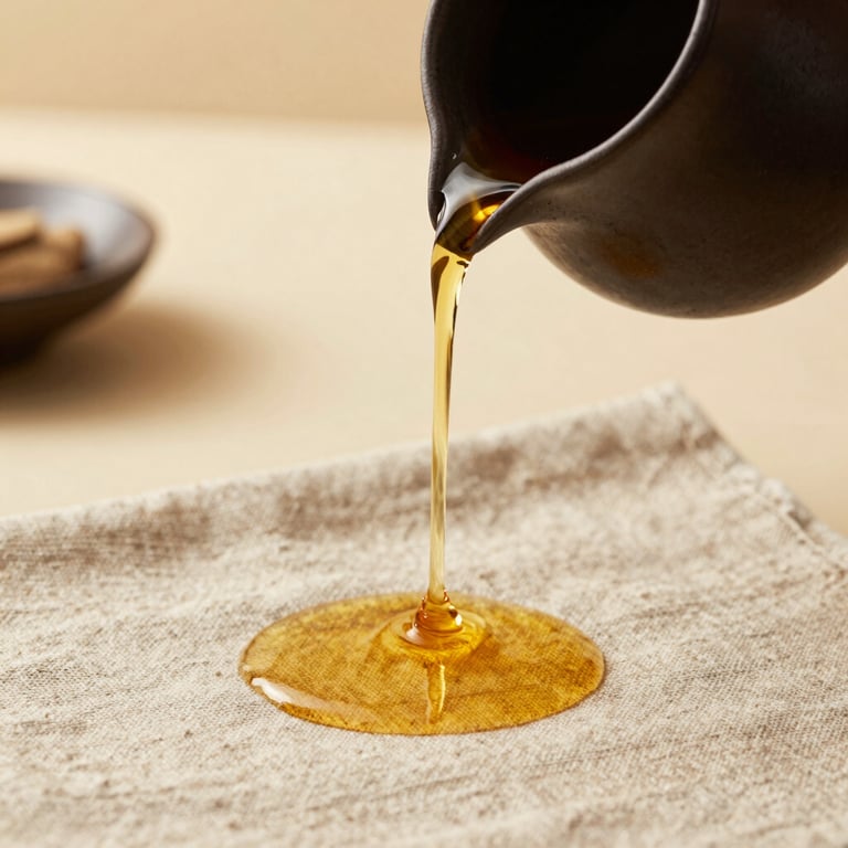 Warm oil dripping from a dark ceramic pitcher onto organic linen, soft amber backlighting, elegant spa atmosphere.