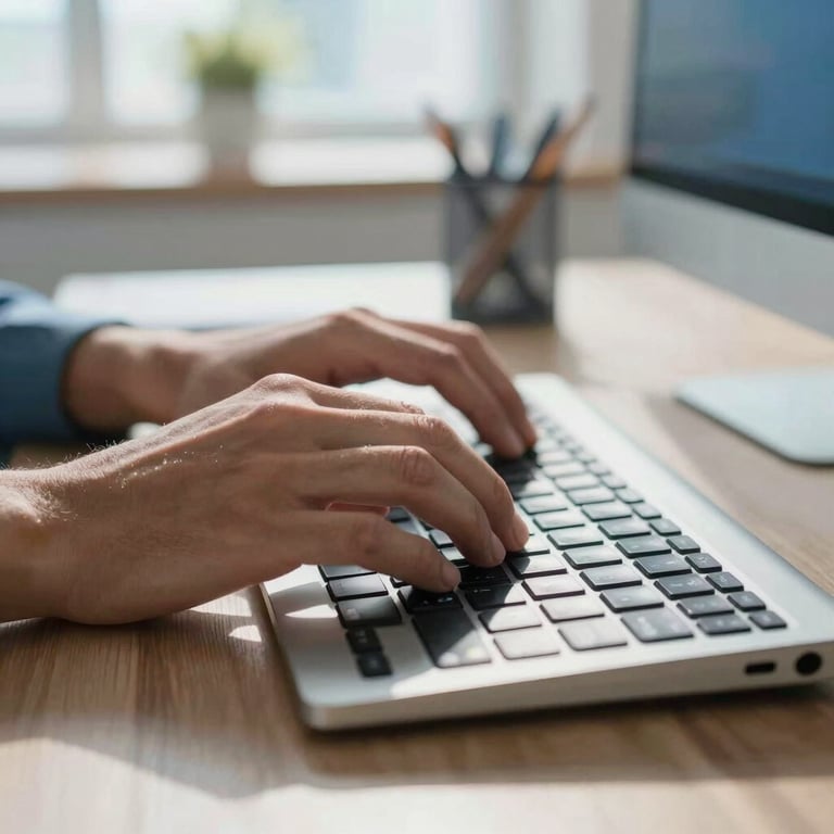 Close-up of hands typing on a modern keyboard in a bright, sun-drenched Brazilian office space with alice blue accents.