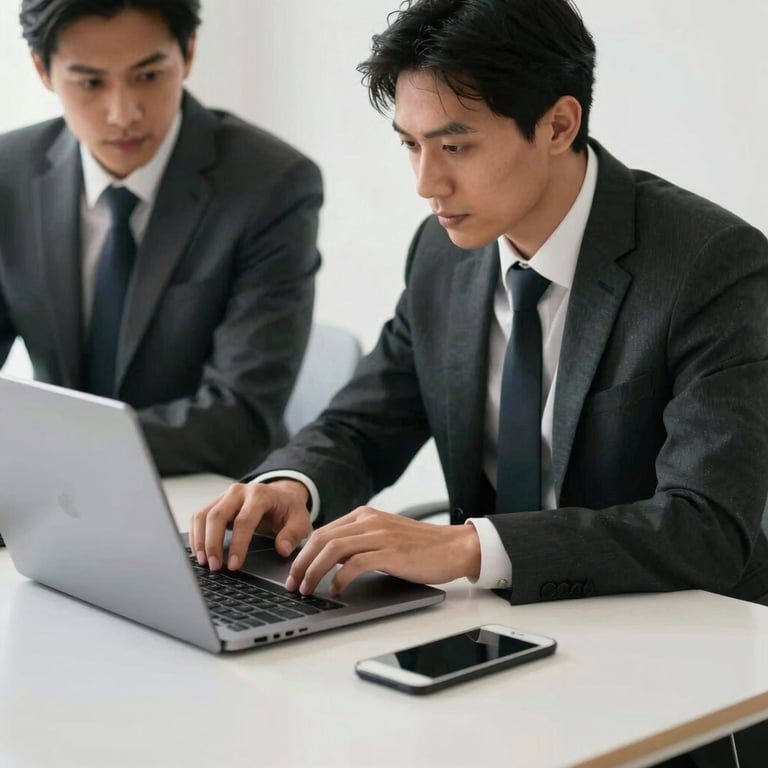 A South American professional collaborating at a clean white desk with a laptop, reflecting efficiency and professional focus in a bright setting.