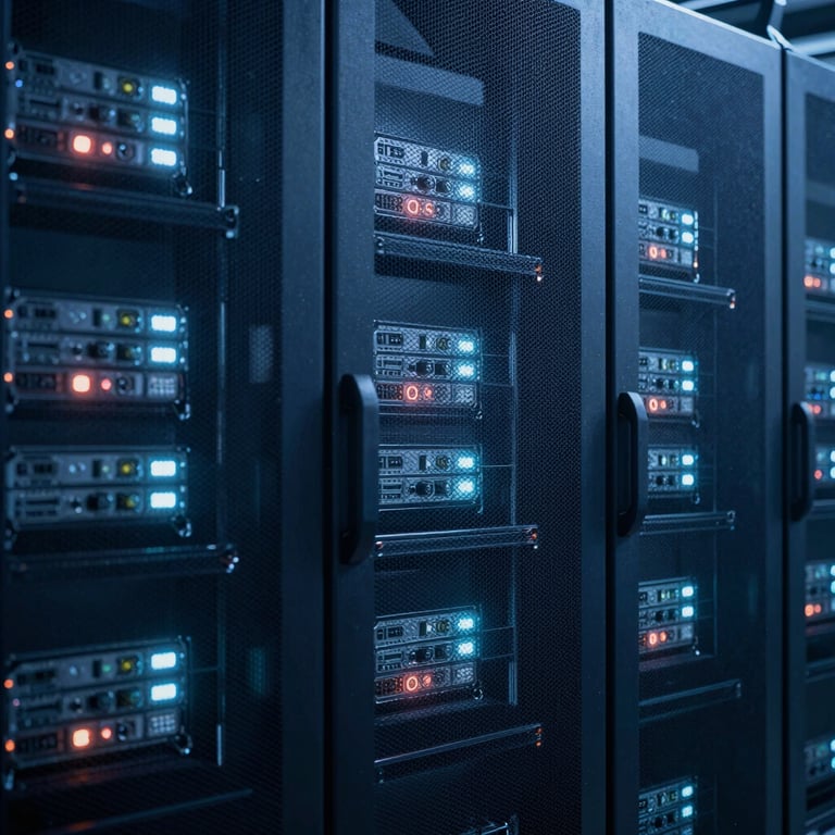 Abstract photography of high-tech server lights in a dark blue environment, conveying reliability and infrastructure strength.