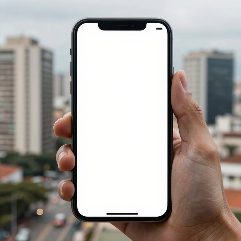 A smartphone displaying a clean, professional application interface held against a blurred background of a modern city like São Paulo.