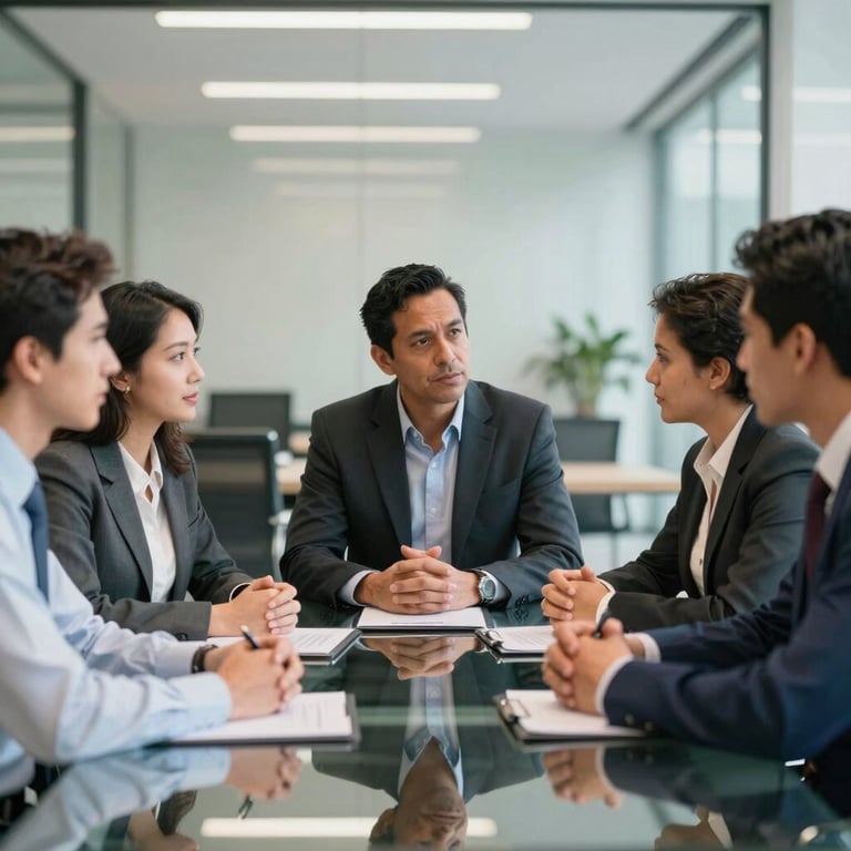 Team of diverse South American professionals engaged in a focused strategy meeting around a glass table in a modern corporate building.