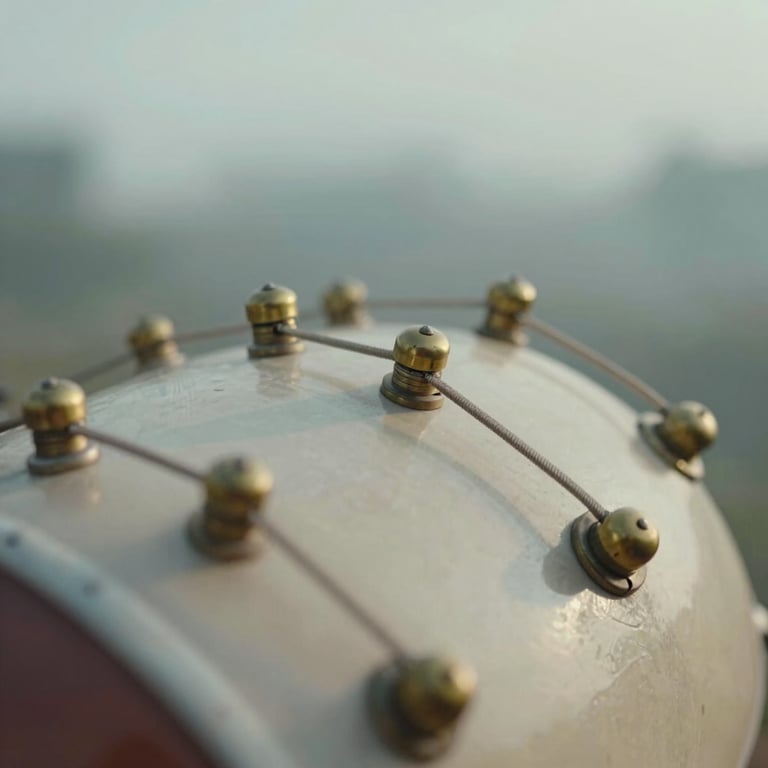 Macro close-up of a dilruba bow touching brass strings, soft diffused morning light, shallow depth of field, 35mm