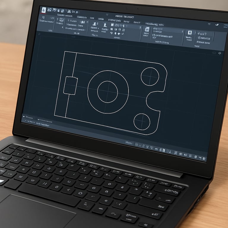 A black laptop displaying 2D CAD software with technical engineering drawings and blueprints on a wooden desk.