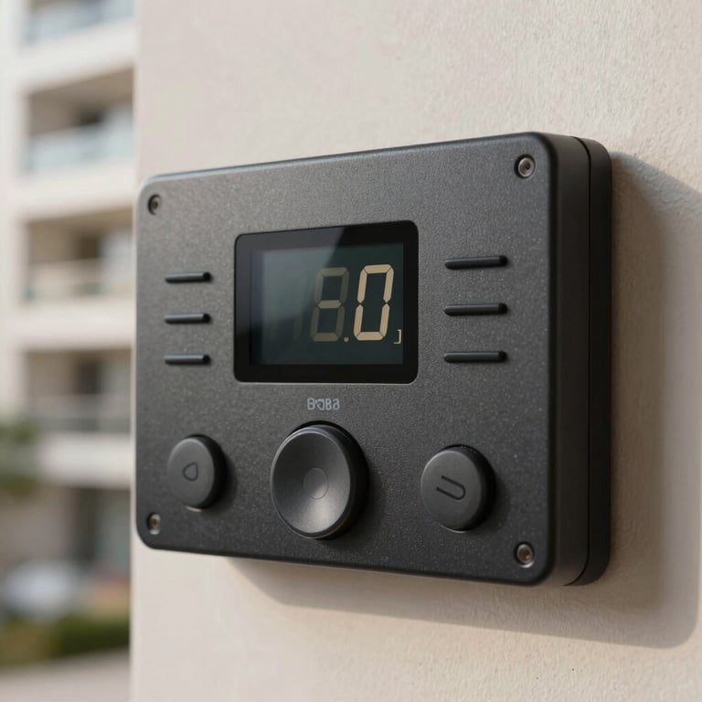 Close-up of a digital intercom system in a modern Brazilian residential unit.