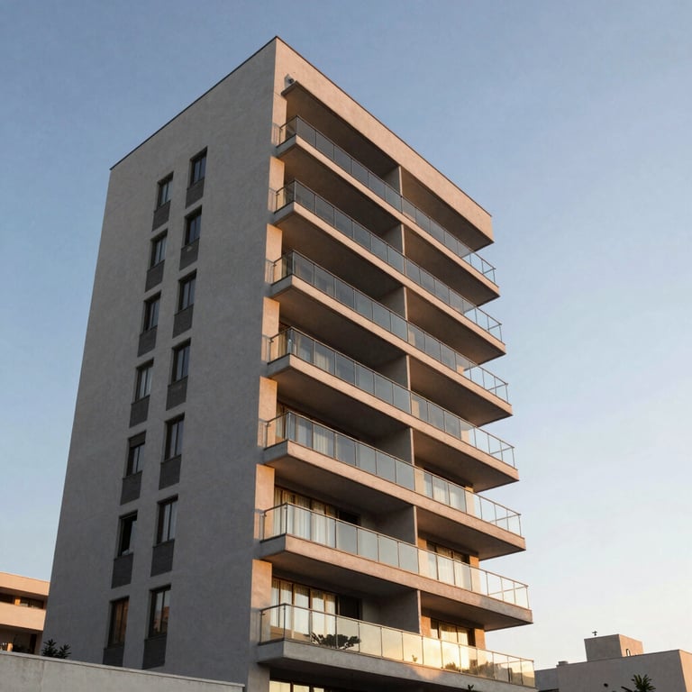 Exterior of a modern Brazilian apartment building with glass balconies at sunset.